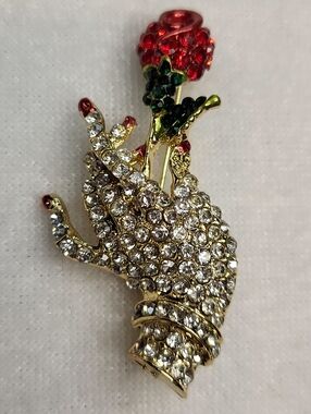 New Hand Holding Rose" or "Rose in Hand" Rhinestone Brooch / Pin